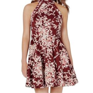 Women's XS (1/2) Burgundy Floral Fit & Flare Halter Knee Length Sleeveless Dress